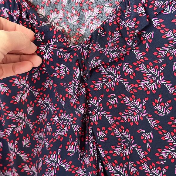 Loft Blouse Womens XL Heart Bouquet Ruffle V-Neck Floral Navy Blue Puff Relaxed - Picture 5 of 11